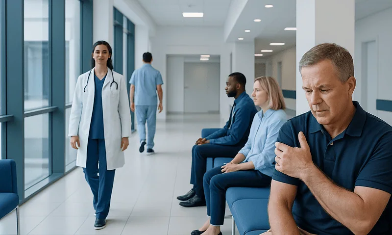 Patients waiting in a hospital corridor with a doctor approaching.