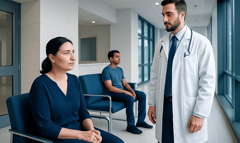 Doctor consulting female patient in hospital corridor with waiting patients.
