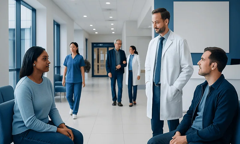 Healthcare professionals consulting with a patient in a hospital corridor.