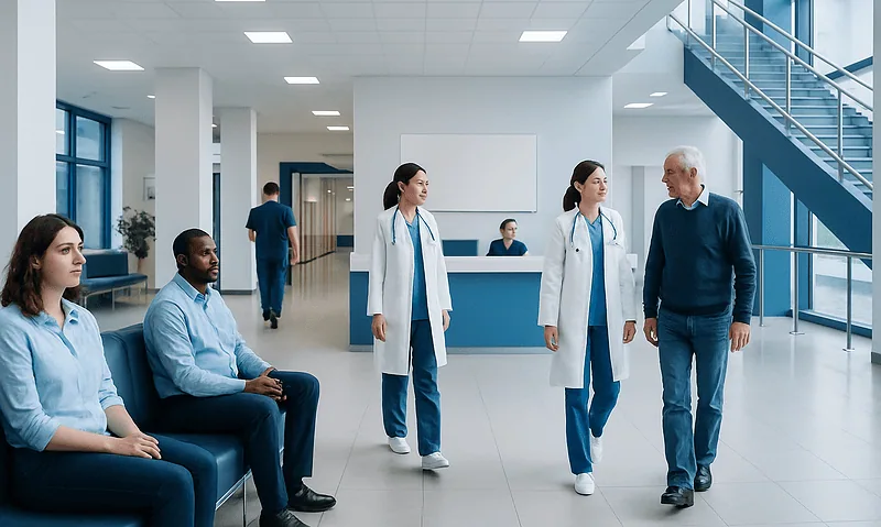 Hospital waiting area with medical staff and patients in a modern facility.