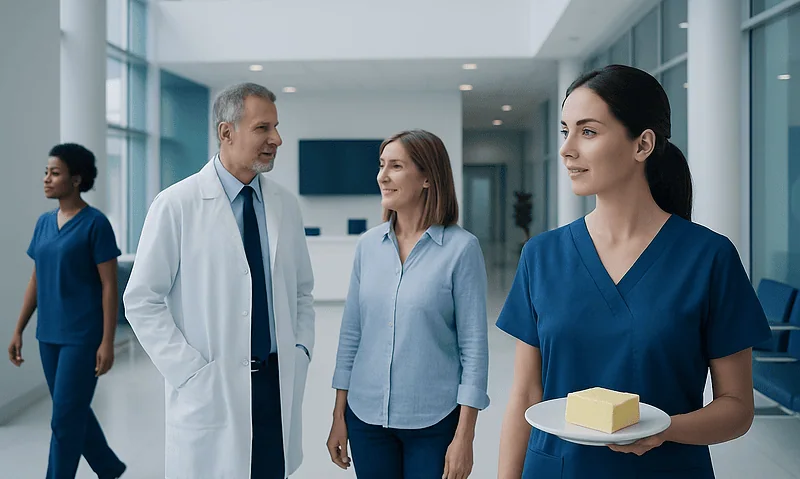 Healthcare professionals and a patient in a modern hospital lobby.