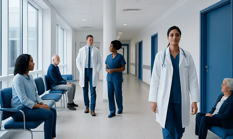 Medical team and patients in hospital corridor at Acibadem Hospitals Group.