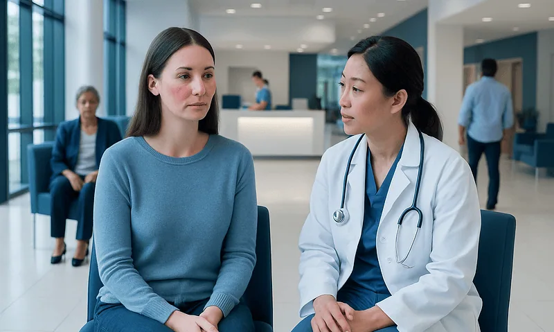 Doctor consulting with a female patient in a hospital waiting area.