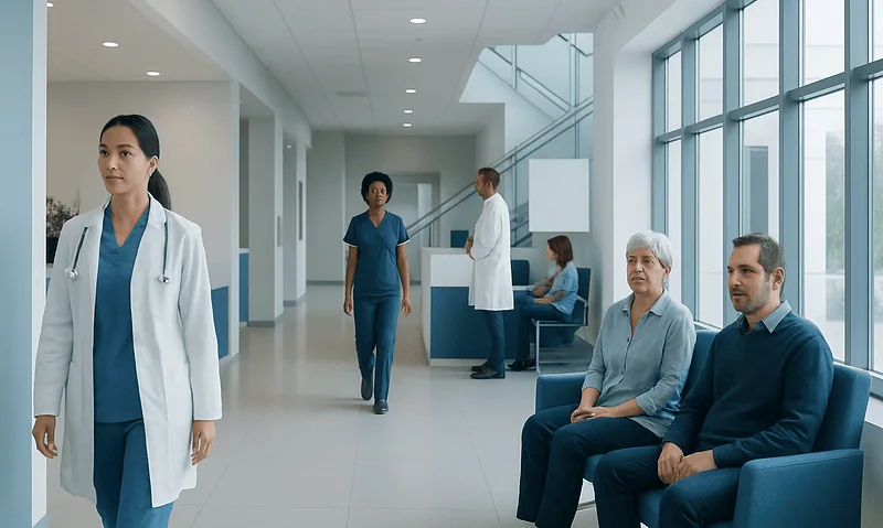 Medical staff and patients in a modern hospital corridor.