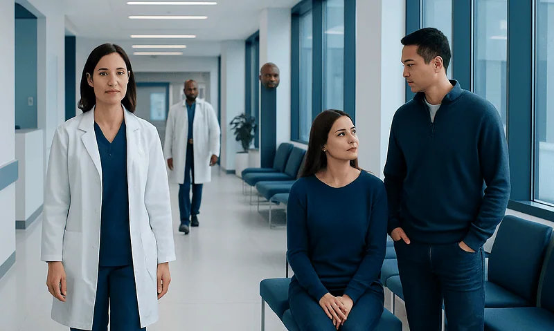 Medical consultation in a modern hospital corridor with healthcare professionals and patients.