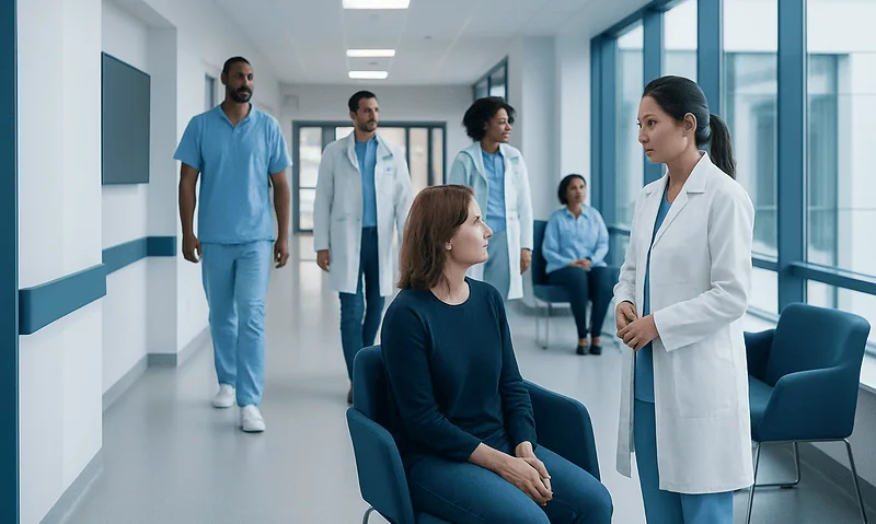 Medical consultation in hospital corridor with healthcare professionals and patient.