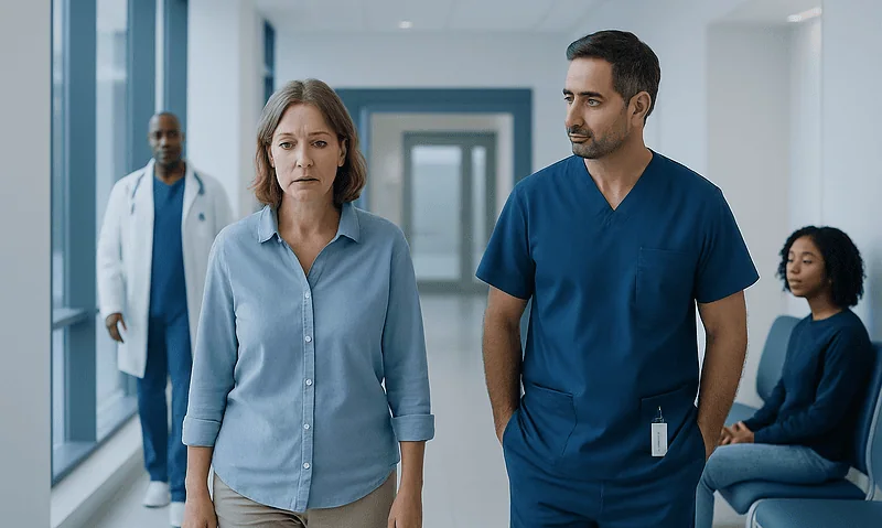 Patient walking in hospital corridor with medical staff nearby.