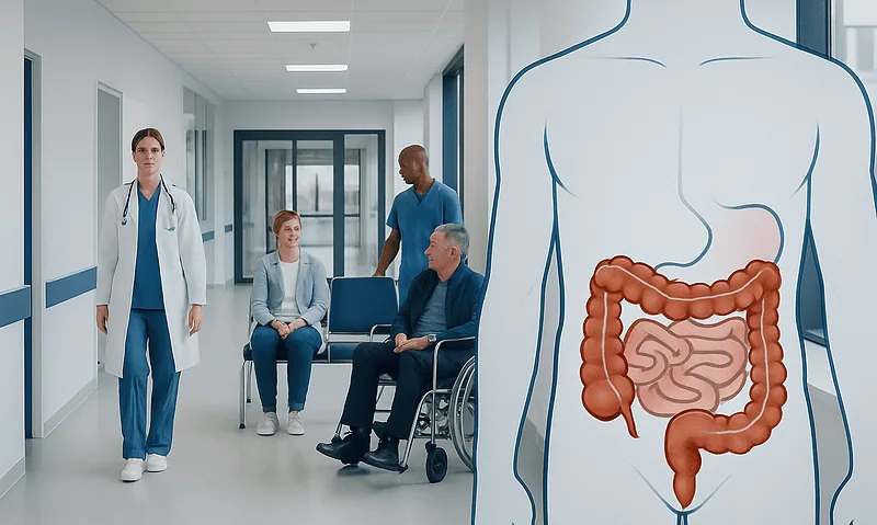 Medical team and patient in hospital corridor with digestive system diagram.