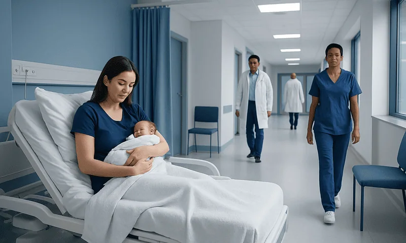 New mother with her newborn in a hospital room at Acibadem Hospitals Group.