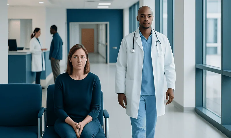 Doctor and patient in hospital corridor, healthcare setting.
