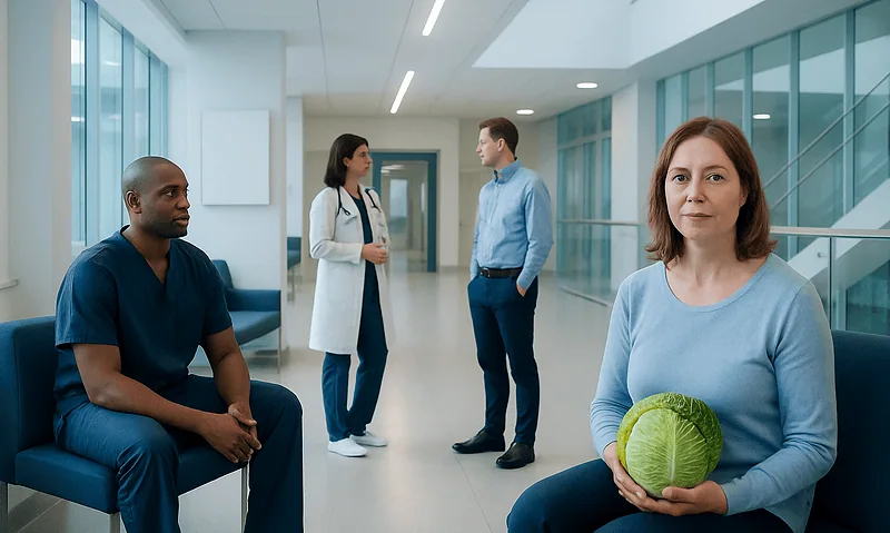 Cabbage: A Complete Medical Overview 4 Woman holding a cabbage in a hospital corridor with medical staff nearby.