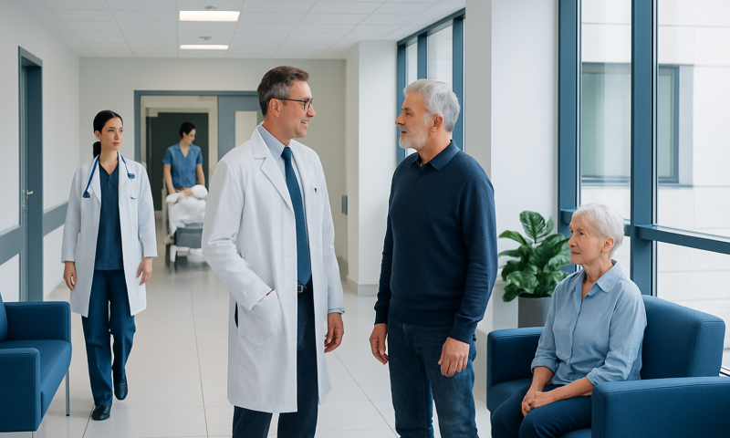 Doctor talking with patient in hospital corridor with staff in background.