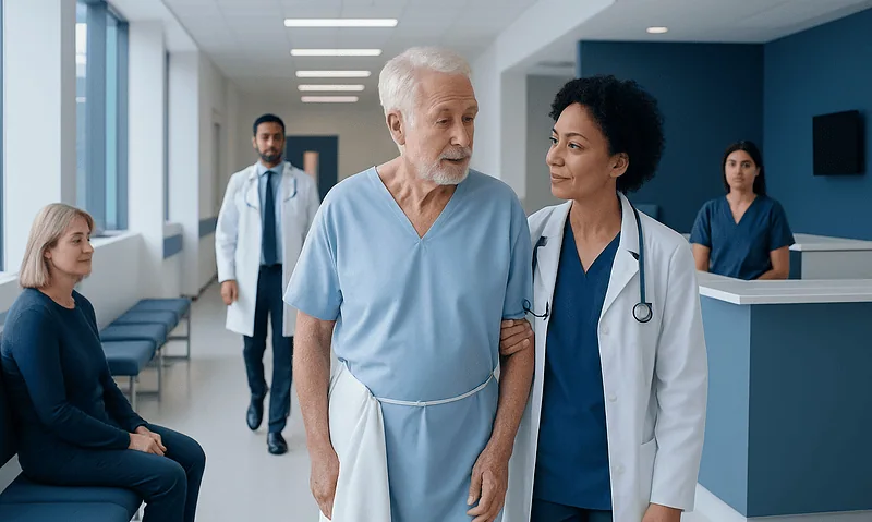 Senior patient walking with nurse in hospital corridor.