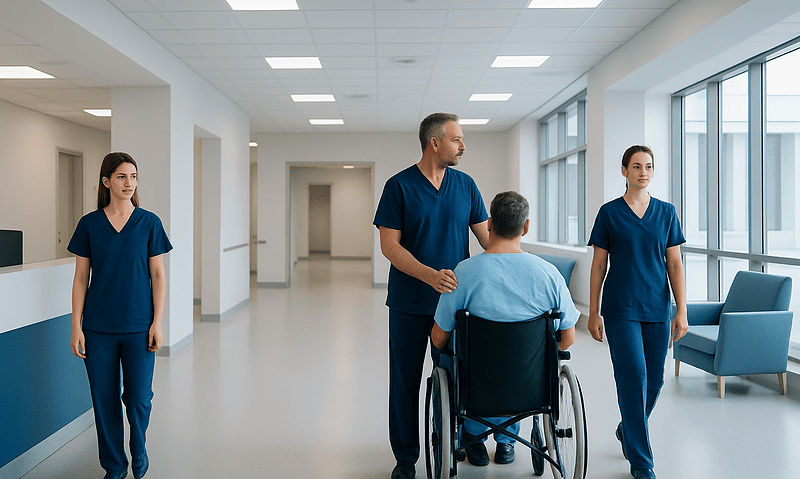 Medical team in hospital corridor with patient in wheelchair and staff in blue scrubs.