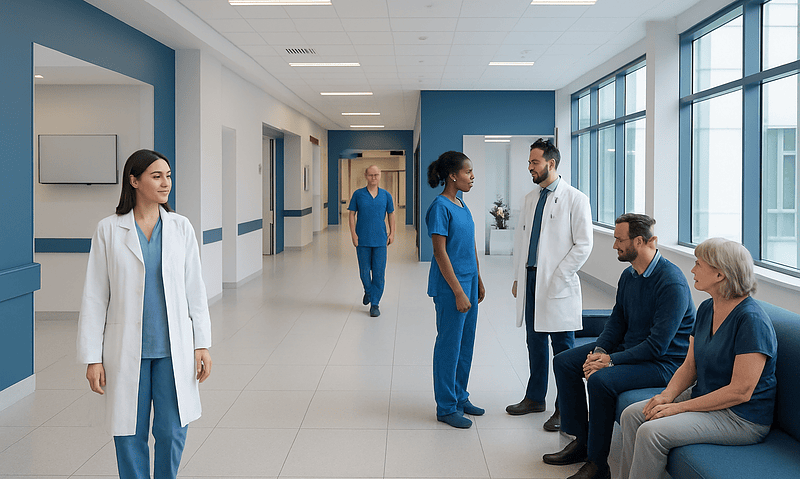 Medical team discussing patient care in hospital corridor.