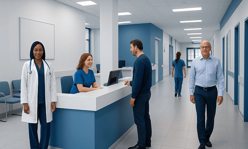 Hospital reception area with staff and patients in a modern healthcare facility.