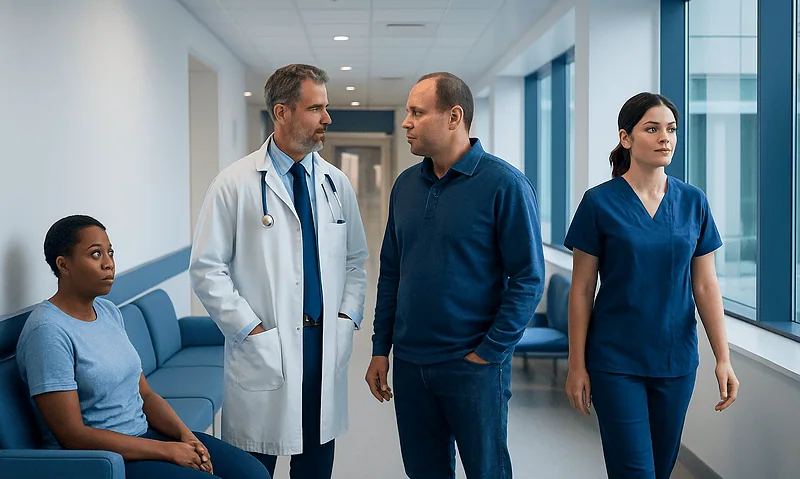 Medical professionals and patient in hospital corridor.