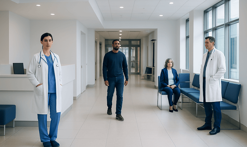 Medical professionals and patient in hospital corridor at Acibadem Hospitals Group.