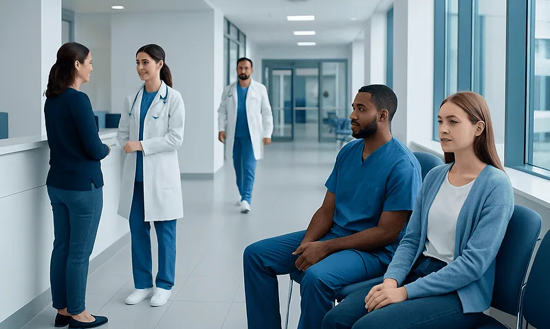 Medical staff and patients in a hospital corridor at Acibadem Hospitals Group.