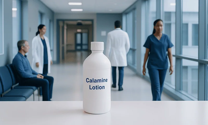 Calamine Lotion bottle in hospital corridor with medical staff in background.