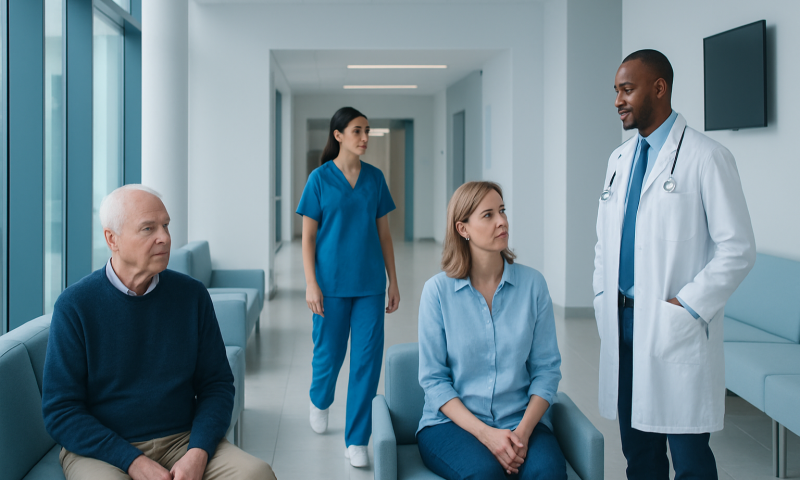 Doctor consulting elderly patient in hospital corridor with staff and patient.