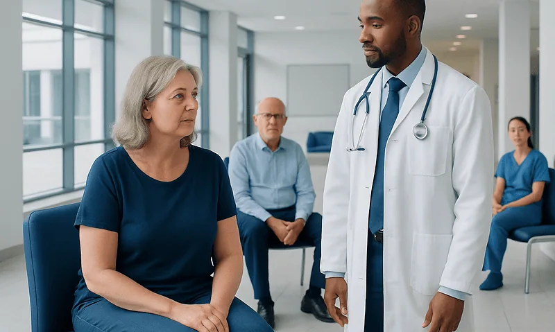 Doctor consulting with an elderly female patient in a hospital setting.