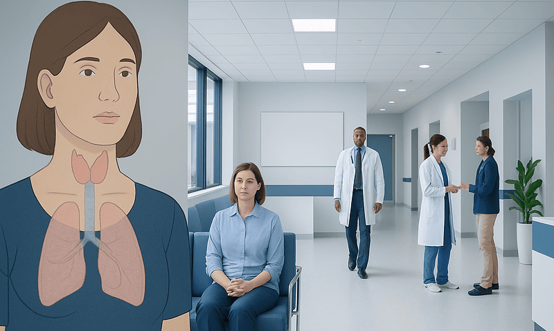 Medical consultation in hospital corridor with thyroid illustration overlay.