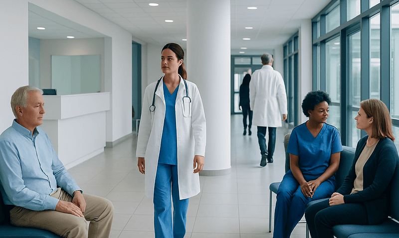 Healthcare professionals and patients in a modern hospital corridor.