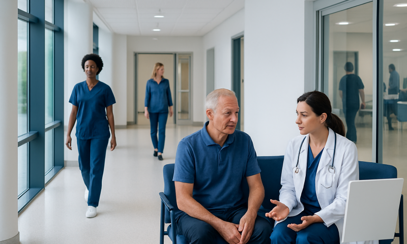 Calcium Channel Blockers: What Patients Need to Know 9 Doctor consulting with an elderly patient in a hospital corridor.