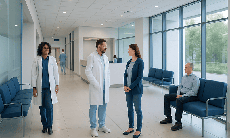 Medical professionals and patient in hospital corridor at Acibadem Hospitals Group.