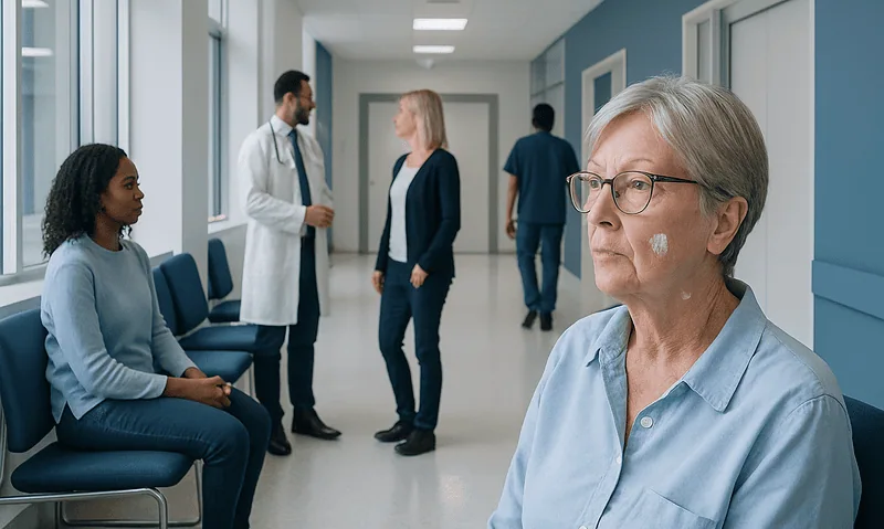 Elderly woman with facial calcium deposits in a hospital corridor.