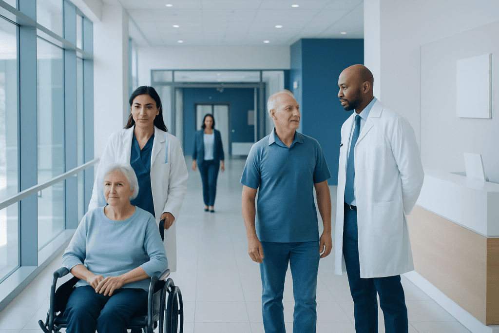 Calcium Magnesium Zinc: What Patients Need to Know 1 Healthcare professionals and patient in hospital corridor at Acibadem Hospitals Group.