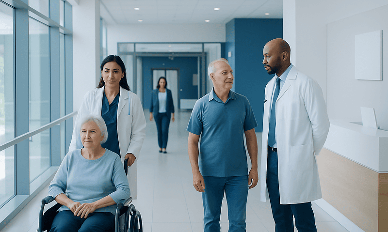 Healthcare professionals and patient in hospital corridor at Acibadem Hospitals Group.