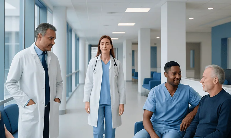 Medical team consulting with a patient in a hospital corridor.
