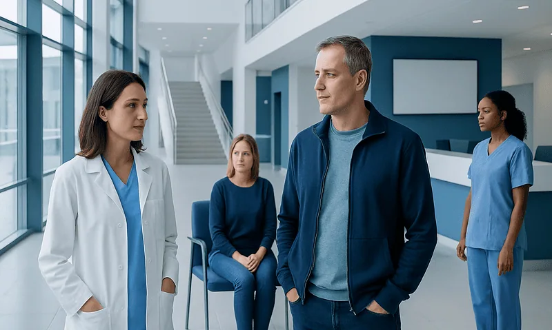 Doctor and patient discussing health in hospital corridor.