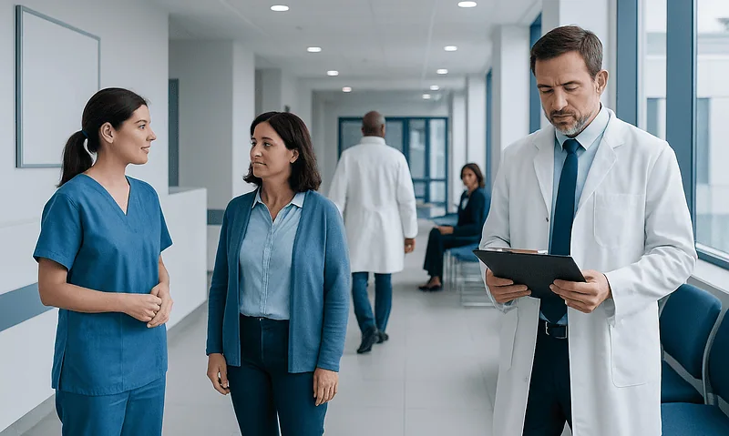 Medical professionals and staff in a hospital corridor engaging in discussion.