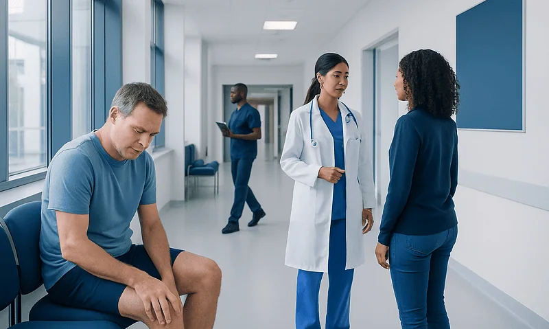 Patient with calf pain consulting with a healthcare professional in hospital corridor.