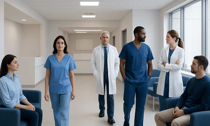 Medical team in hospital corridor preparing for patient consultation.