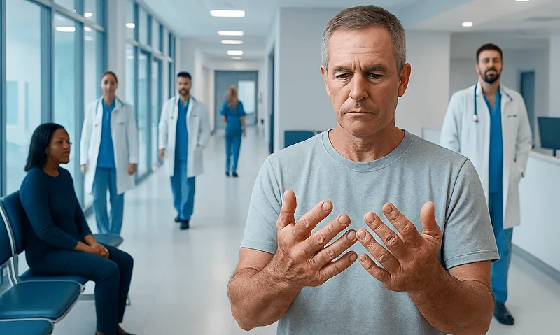 Man with calloused hands in hospital corridor with medical staff.