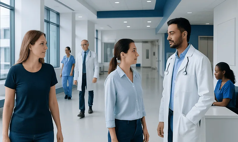 Medical team discussing patient care in hospital corridor.