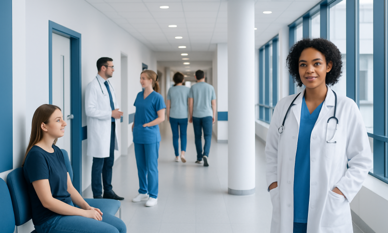 Healthcare professionals and patients in a modern hospital corridor.