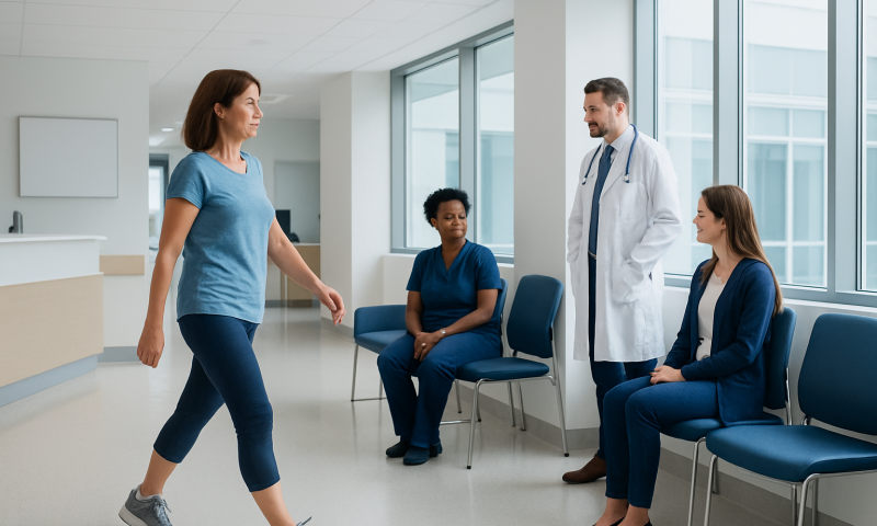 Patient walking in a hospital corridor with medical staff observing.