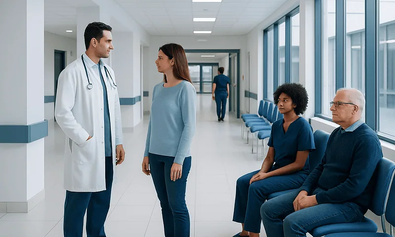 Doctor consulting with patient in hospital corridor with waiting area.