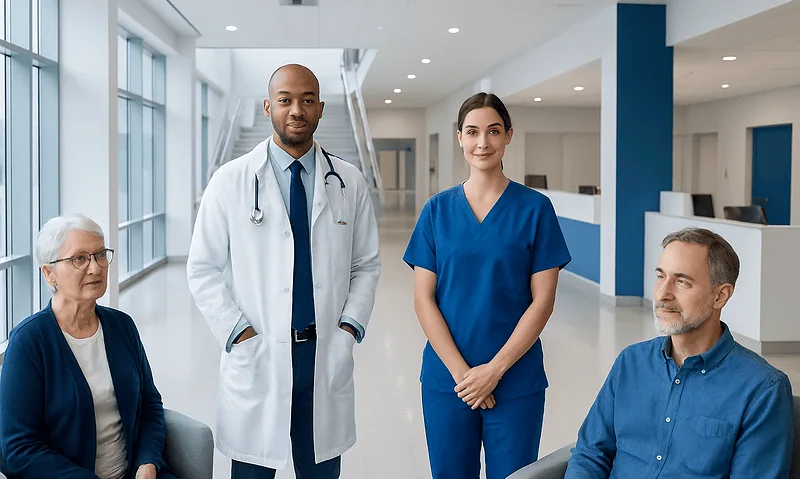 Medical team with patients in a modern hospital lobby.