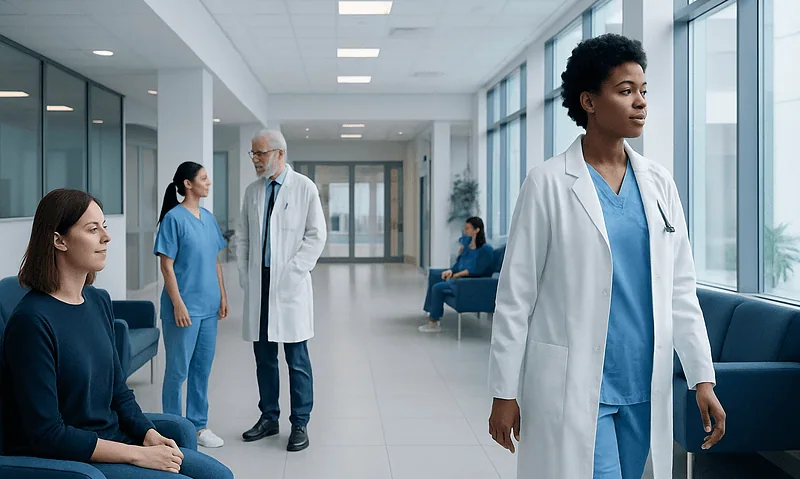 Medical professionals and patients in a modern hospital corridor.