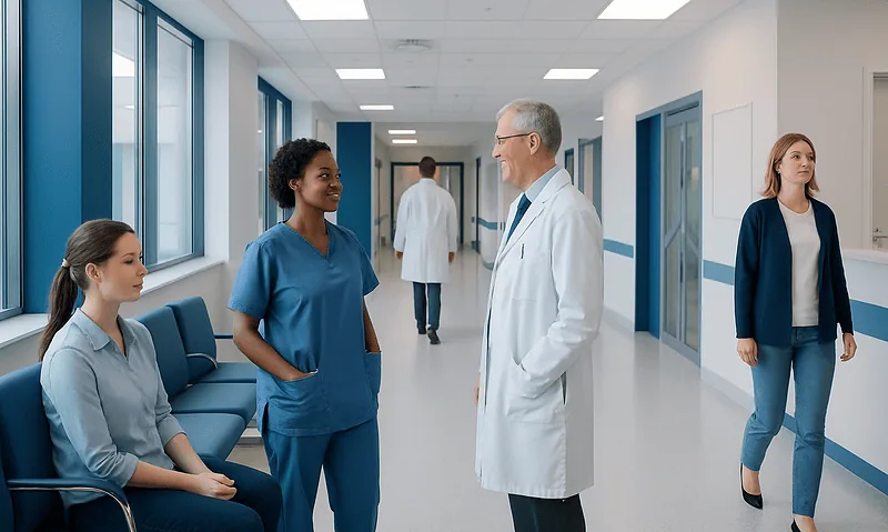 Medical professionals and patients in a hospital corridor at Acibadem Hospitals Group.