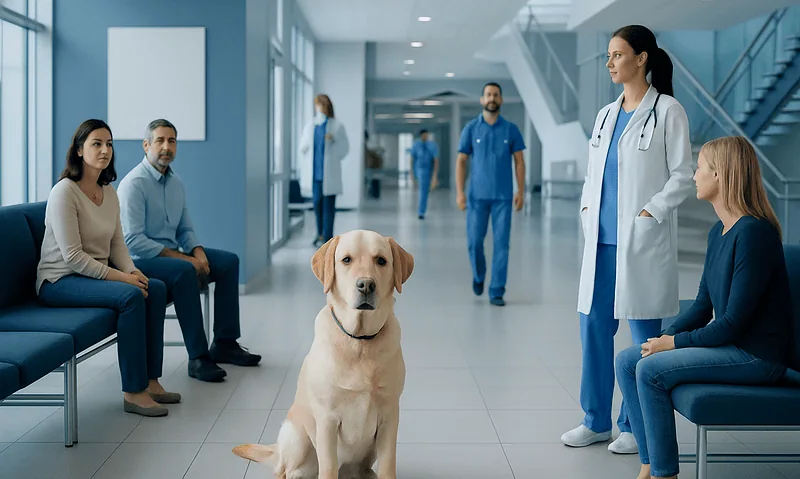 What Can Dogs Eat? Here Is What the Evidence Says 6 Dog in a veterinary clinic with people and staff in the background.