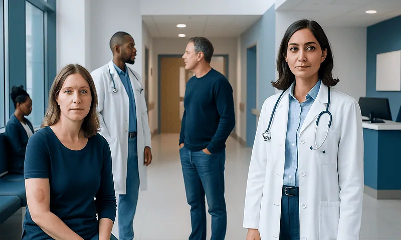 Medical team in hospital corridor with patient and doctors.