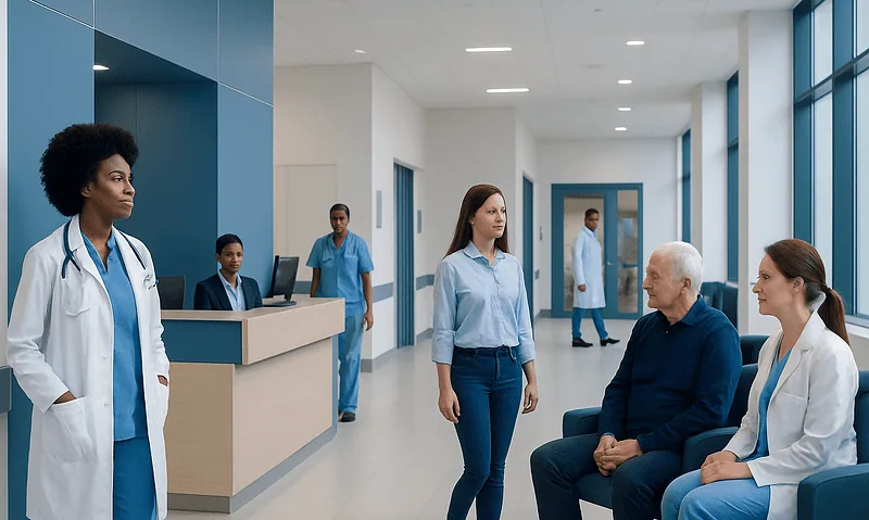 Medical staff and patient in a modern hospital corridor at Acibadem Hospitals Group.