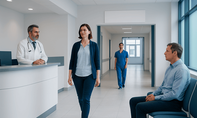 Hospital waiting area with medical staff and patient in a modern healthcare facility.